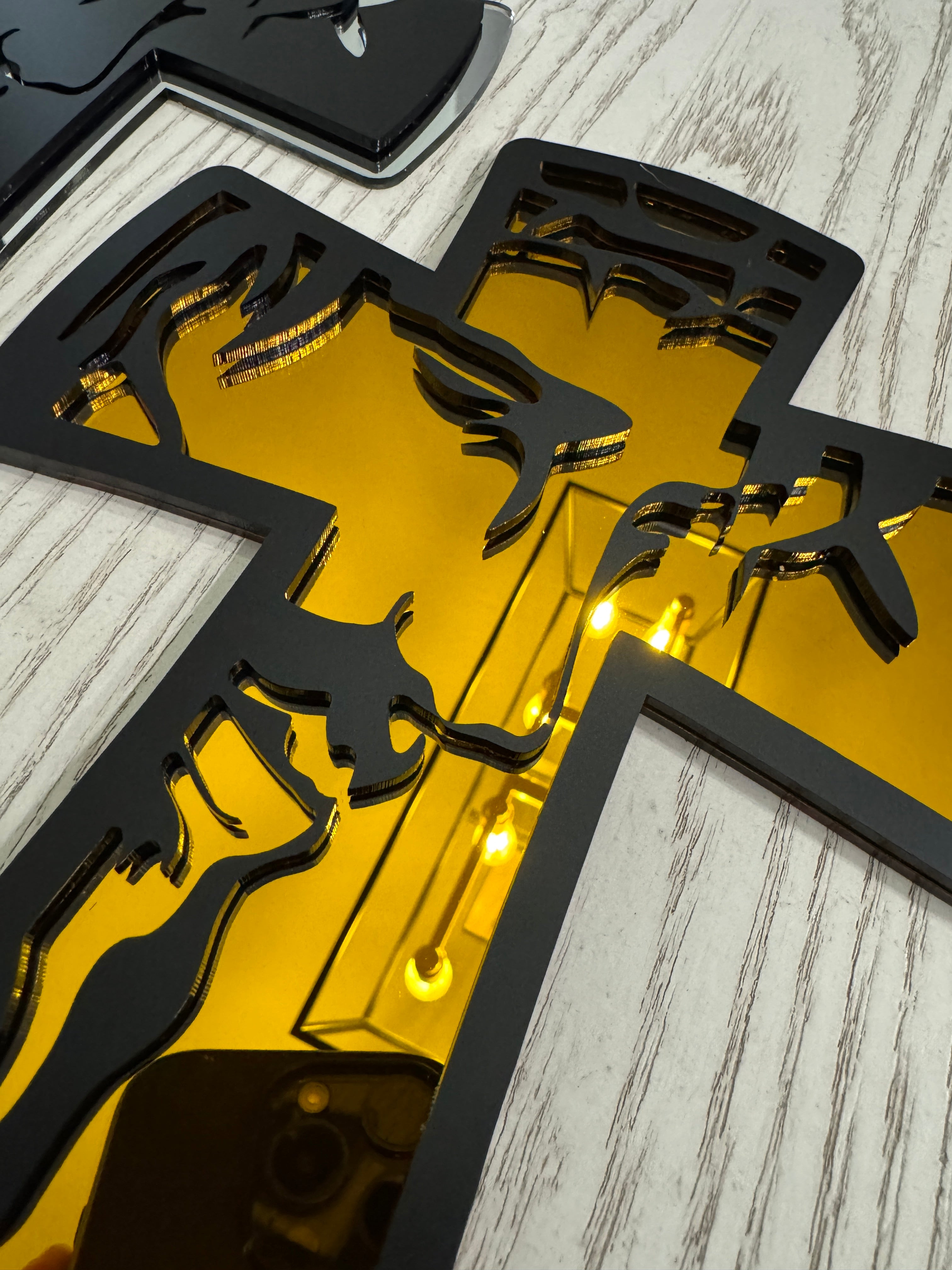 Layered Acrylic "He is Risen" Reflection Cross – Matte Black & Gold mirror 9” tall
