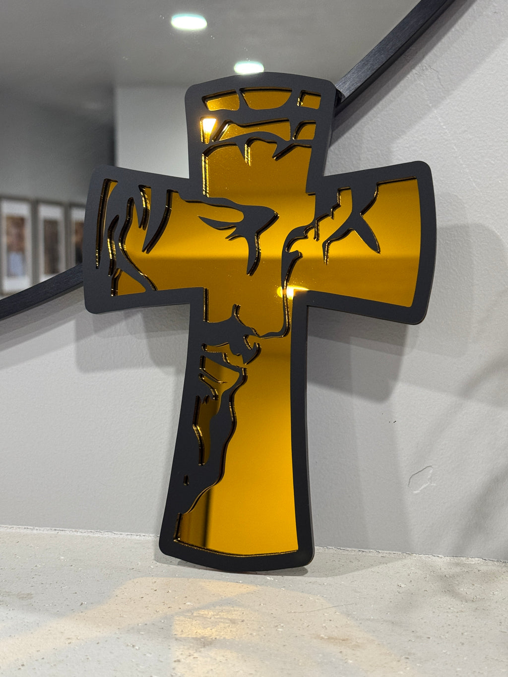 Layered Acrylic "He is Risen" Reflection Cross – Matte Black & Gold mirror 9” tall