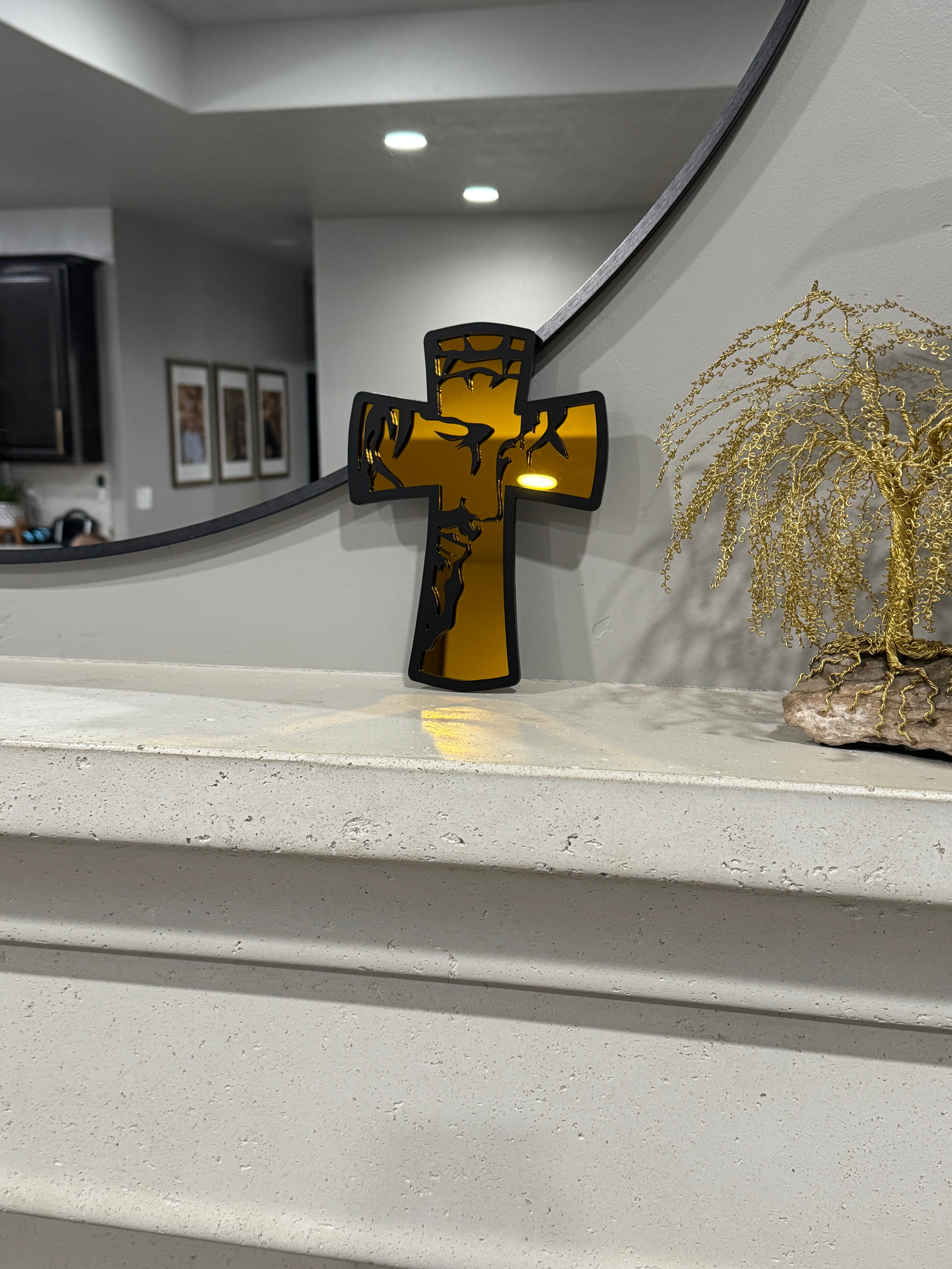 Layered Acrylic "He is Risen" Reflection Cross – Matte Black & Gold mirror 9” tall