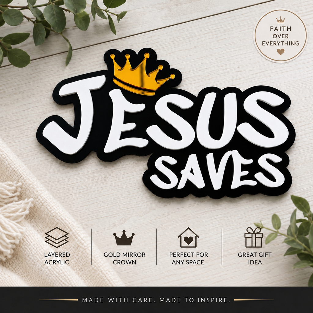 Jesus Saves acrylic wall art with gold mirror crown