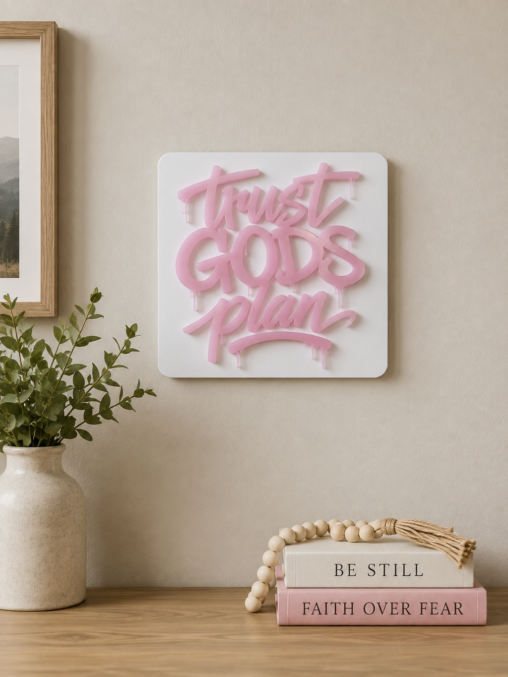 Trust God’s Plan Acrylic Wall Sign | Modern Christian Graffiti Wall Decor pink